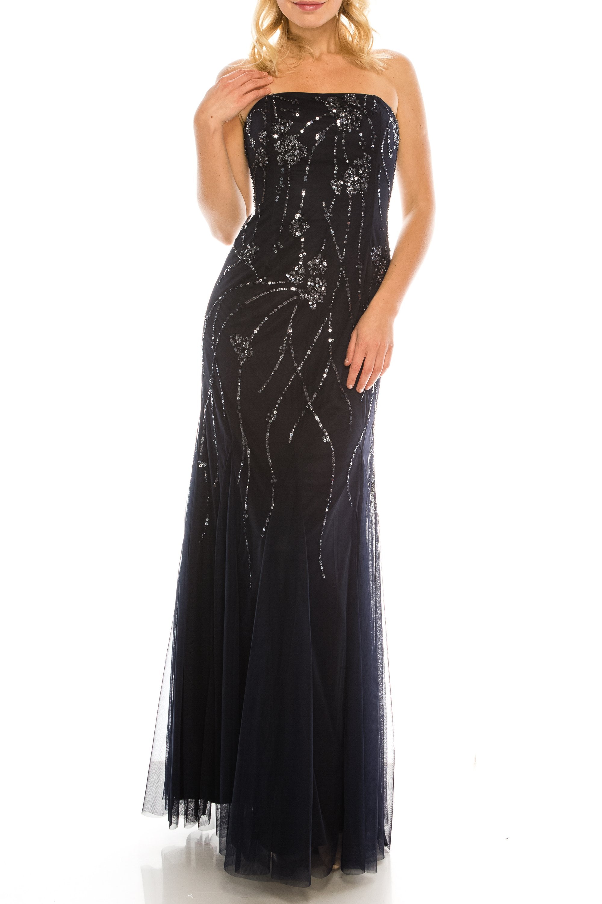 Adrianna Papell Navy Sequined Strapless Evening Gown - Dope Women's Clothing