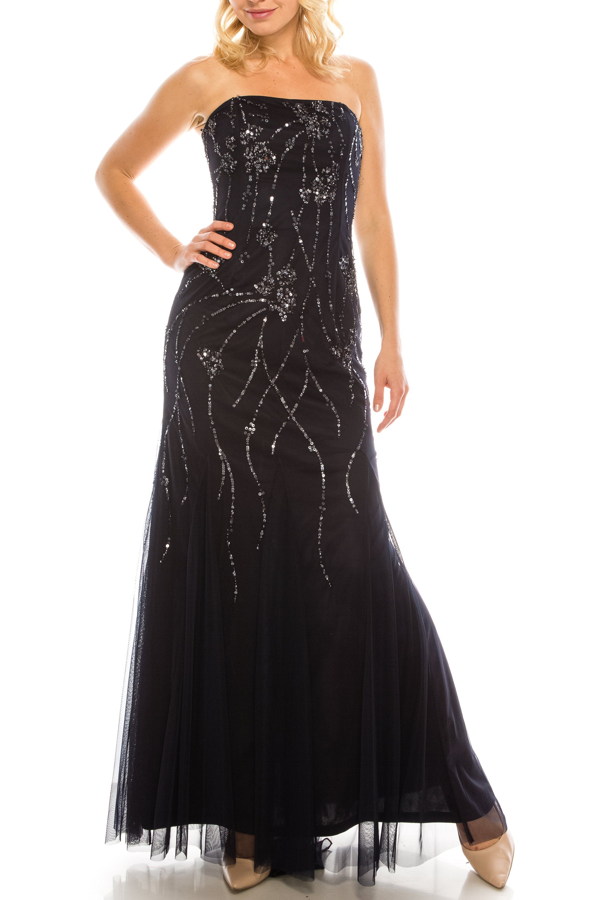 Adrianna Papell Navy Sequined Strapless Evening Gown - Dope Women's Clothing