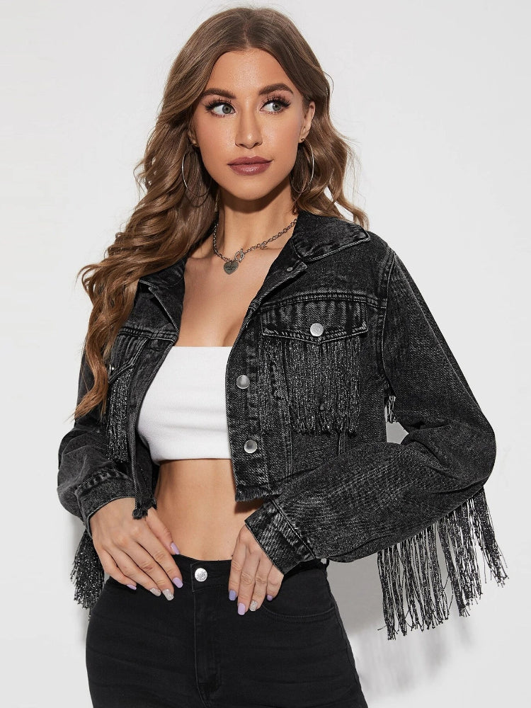 Cowboy Jacket Tassel Stitching Sexy Ripped Denim Coat - Dope Women's Clothing