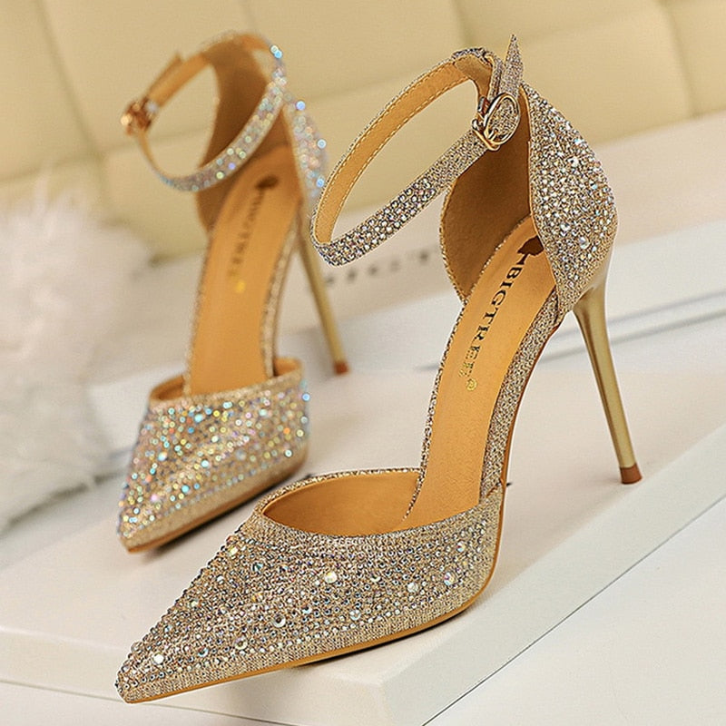Shiny Rhinestones High Heels Ladies Shoes Women Pumps Stiletto Sandals - Dope Women's Clothing 