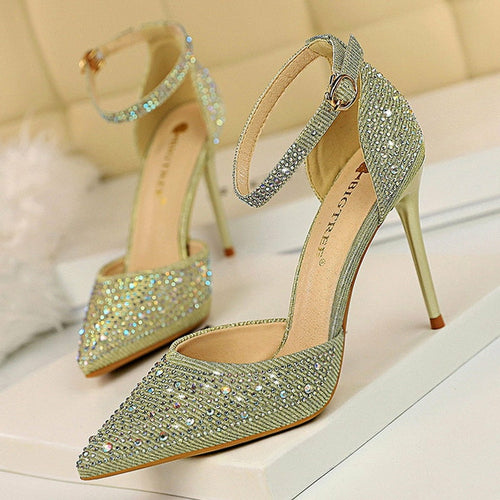 Shiny Rhinestones High Heels Ladies Shoes Women Pumps Stiletto Sandals - Dope Women's Clothing 