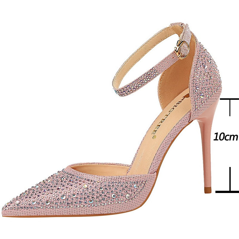 Shiny Rhinestones High Heels Ladies Shoes Women Pumps Stiletto Sandals - Dope Women's Clothing 