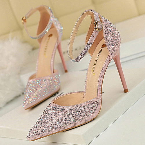 Shiny Rhinestones High Heels Ladies Shoes Women Pumps Stiletto Sandals - Dope Women's Clothing 
