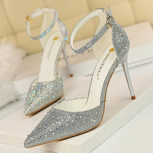 Shiny Rhinestones High Heels Ladies Shoes Women Pumps Stiletto Sandals - Dope Women's Clothing 