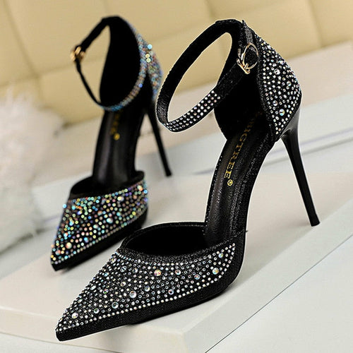 Shiny Rhinestones High Heels Ladies Shoes Women Pumps Stiletto Sandals - Dope Women's Clothing 