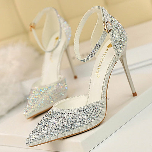 Shiny Rhinestones High Heels Ladies Shoes Women Pumps Stiletto Sandals - Dope Women's Clothing 