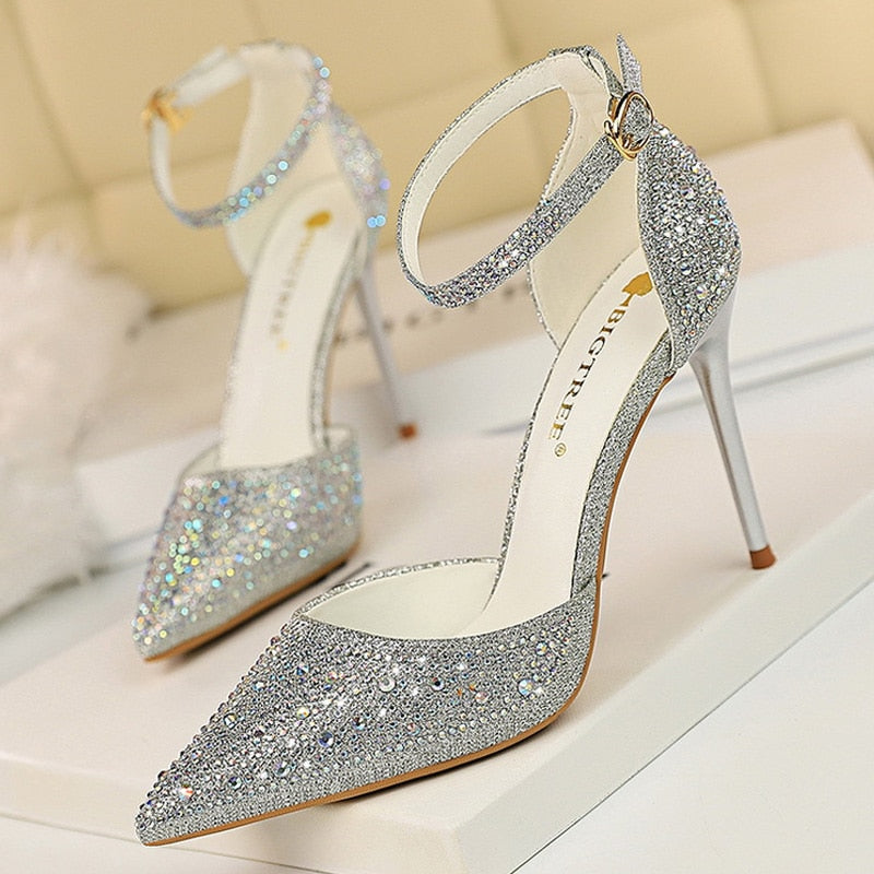 Shiny Rhinestones High Heels Ladies Shoes Women Pumps Stiletto Sandals - Dope Women's Clothing 