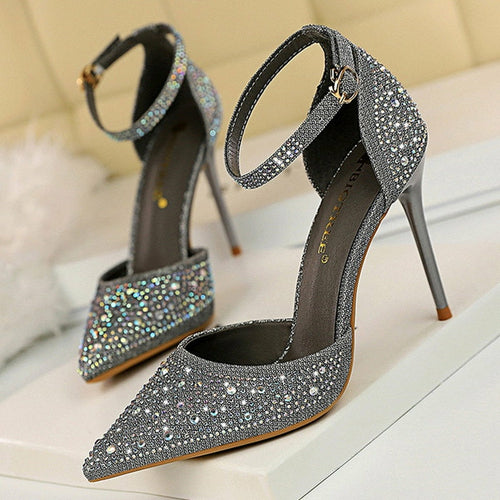 Shiny Rhinestones High Heels Ladies Shoes Women Pumps Stiletto Sandals - Dope Women's Clothing 
