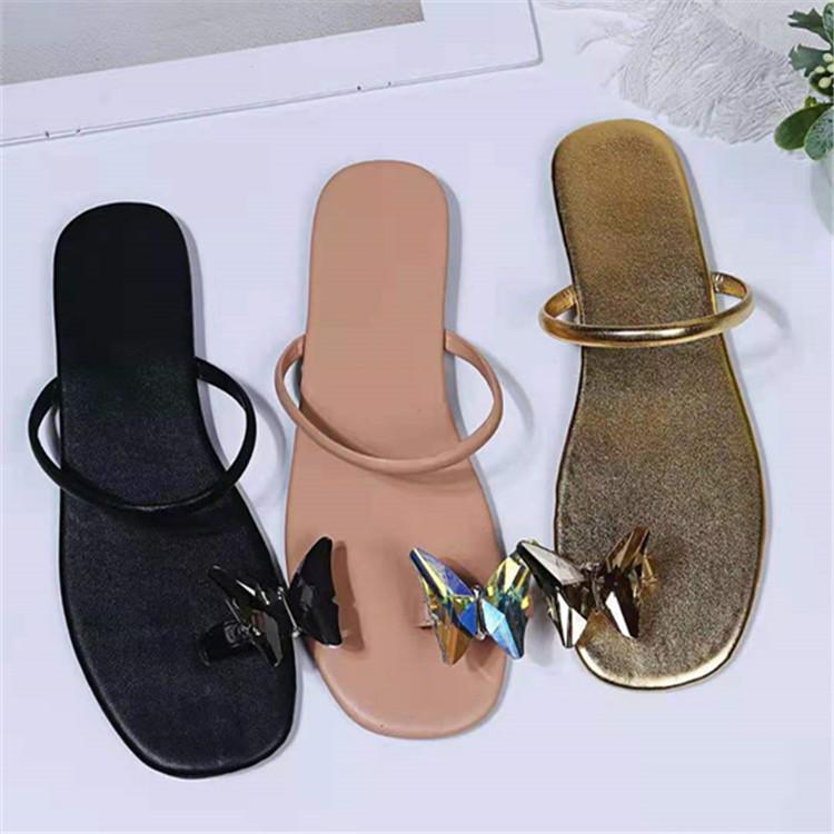 Butterfly Mark Flat Solid Color One Word Sandals - Dope Women's Clothing 