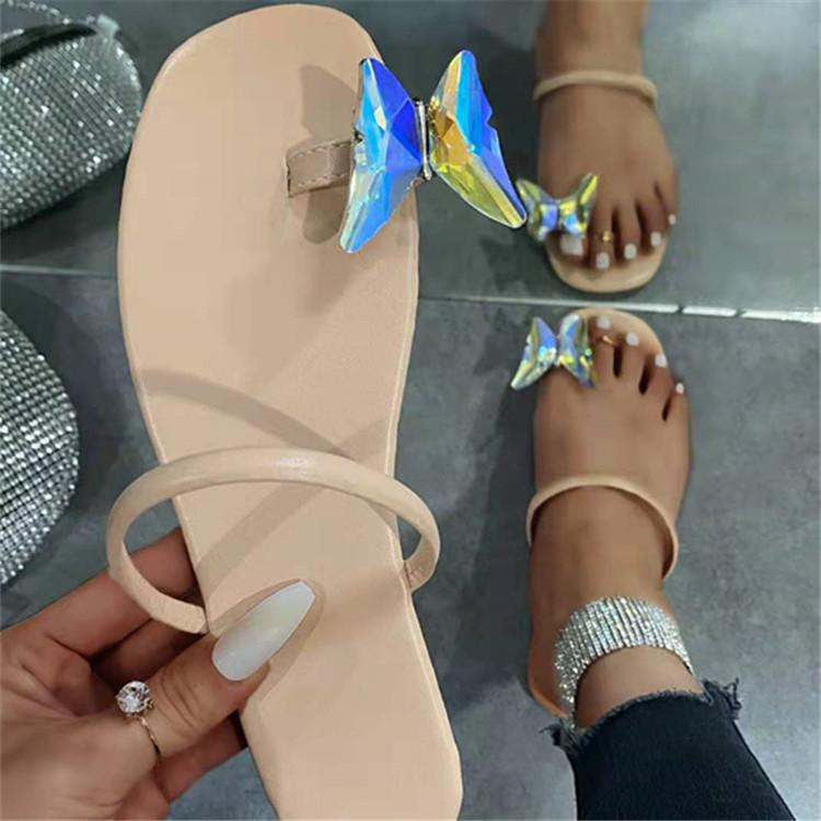 Butterfly Mark Flat Solid Color One Word Sandals - Dope Women's Clothing 