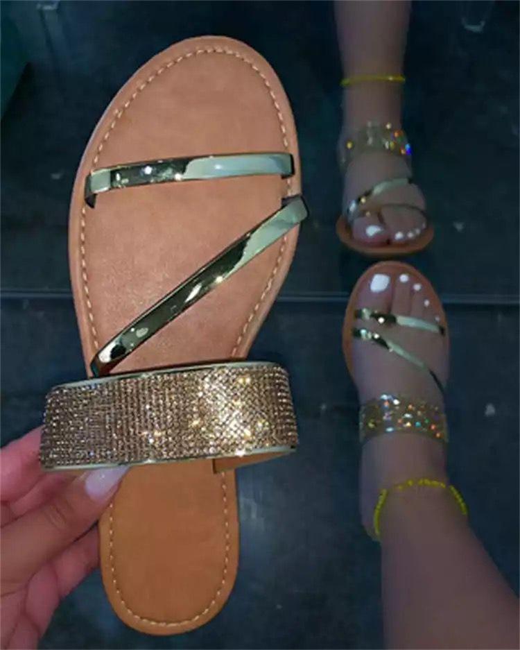 roman rhinestone flat outdoor flat beach slippers - Dope Women's Clothing 