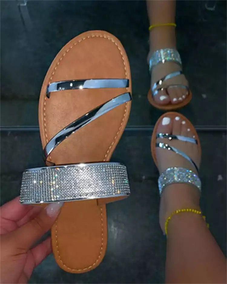 roman rhinestone flat outdoor flat beach slippers - Dope Women's Clothing 