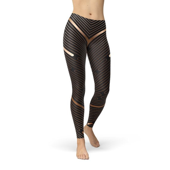 Womens Striped Lines Sports Brown Leggings - Dope Women's Clothing 