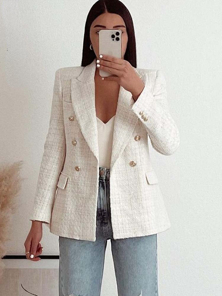 Women Jacket Double Breasted Tweed Blazer Coat - Dope Women's Clothing 