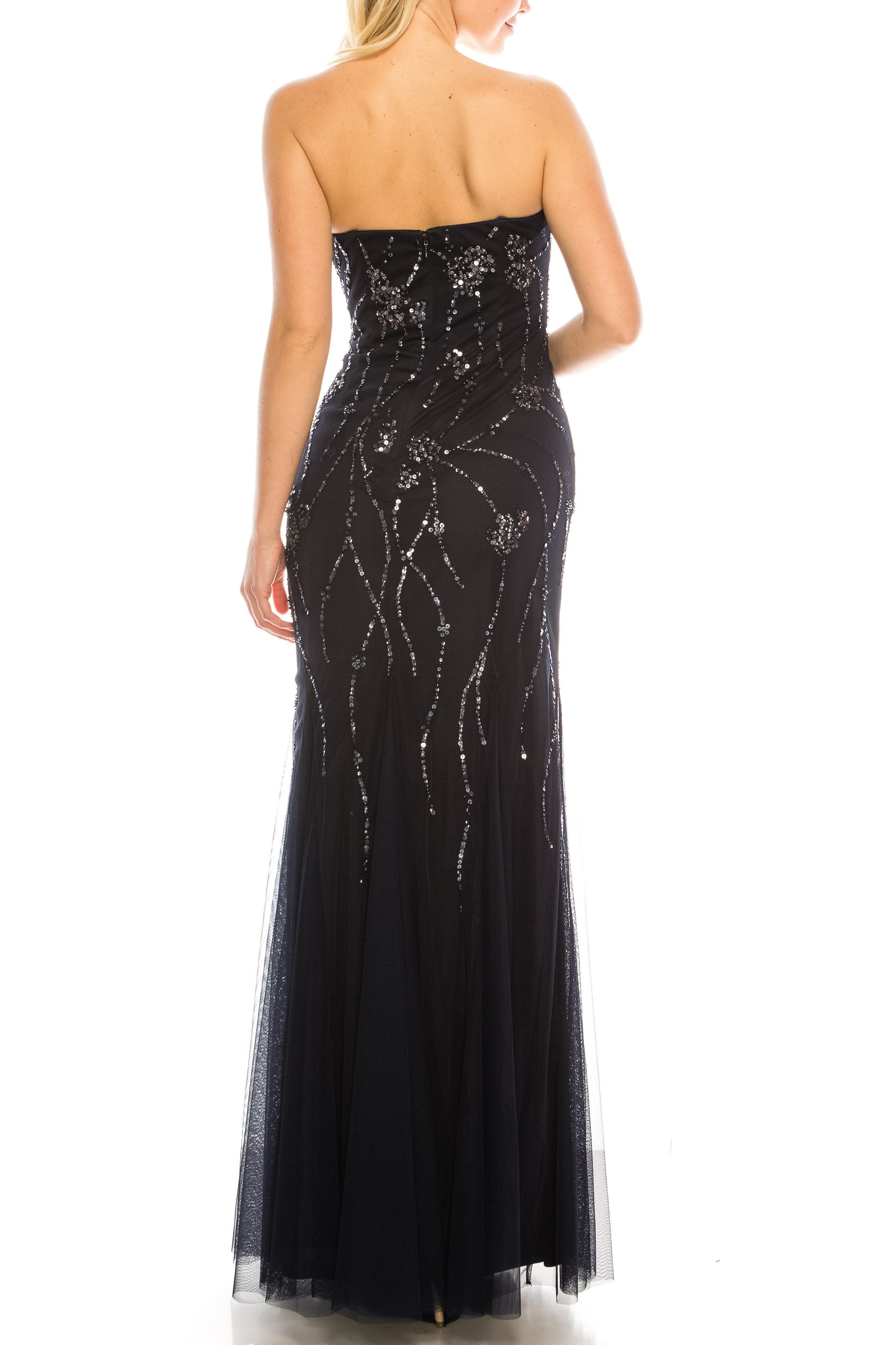 Adrianna Papell Navy Sequined Strapless Evening Gown - Dope Women's Clothing 