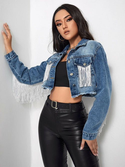Cowboy Jacket Tassel Stitching Sexy Ripped Denim Coat - Dope Women's Clothing 