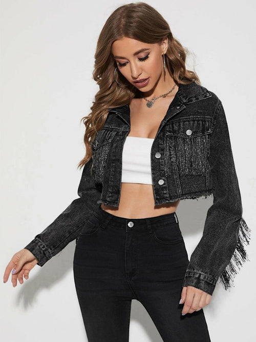 Cowboy Jacket Tassel Stitching Sexy Ripped Denim Coat - Dope Women's Clothing 