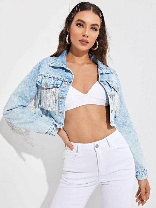 Cowboy Jacket Tassel Stitching Sexy Ripped Denim Coat - Dope Women's Clothing 
