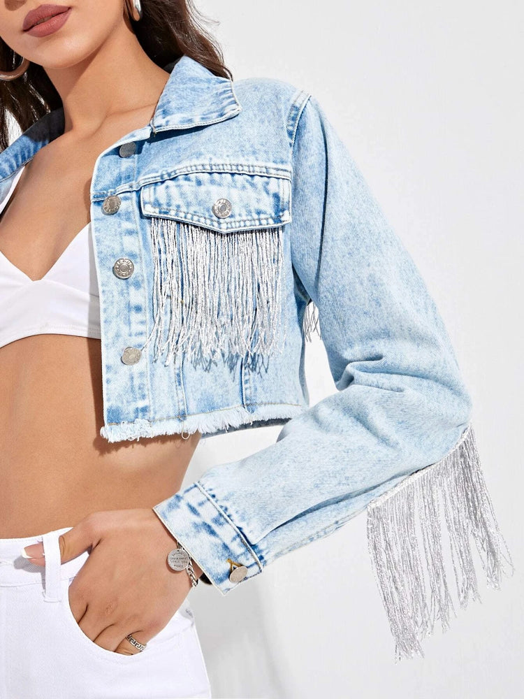 Cowboy Jacket Tassel Stitching Sexy Ripped Denim Coat - Dope Women's Clothing 