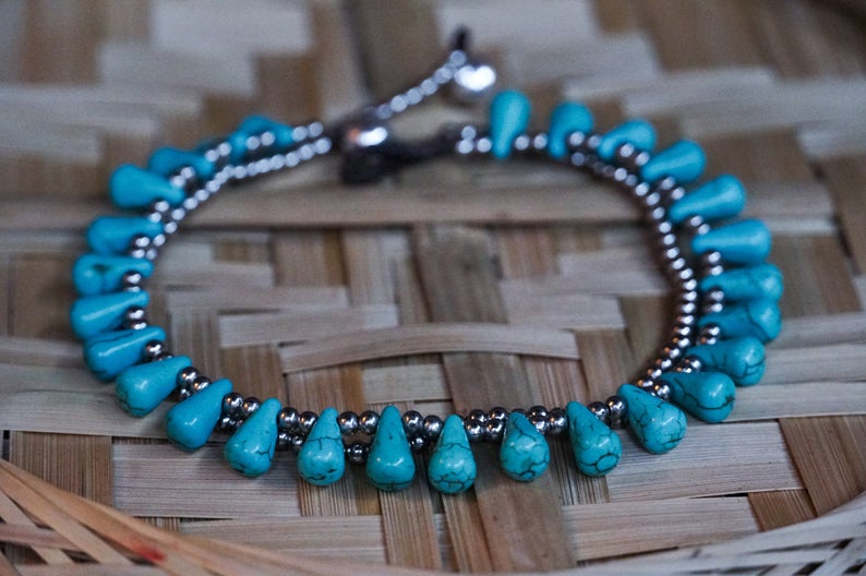 Turquoise Teardrop Bead Boho Silver Anklet - Dope Women's Clothing 