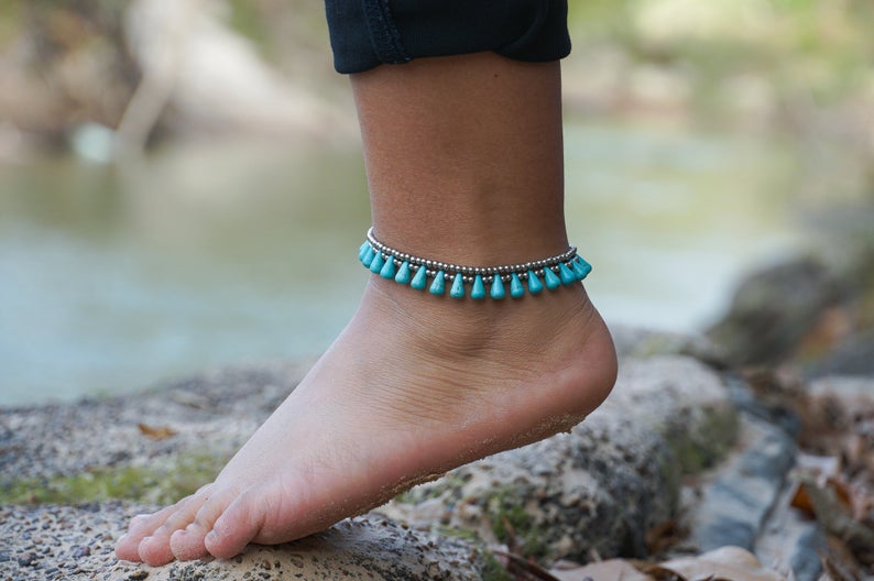 Turquoise Teardrop Bead Boho Silver Anklet - Dope Women's Clothing 