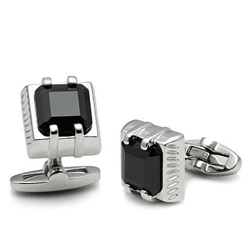 LO2305 - Rhodium Brass Cufflink with AAA Grade CZ  in Jet - Dope Women's Clothing 