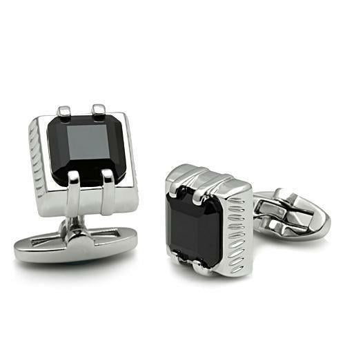 LO2305 - Rhodium Brass Cufflink with AAA Grade CZ  in Jet - Dope Women's Clothing 